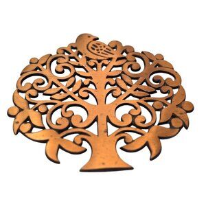 Vintage Cast Iron Copper Finish Trivet Tree of Life w/ Bird Wall Decor
